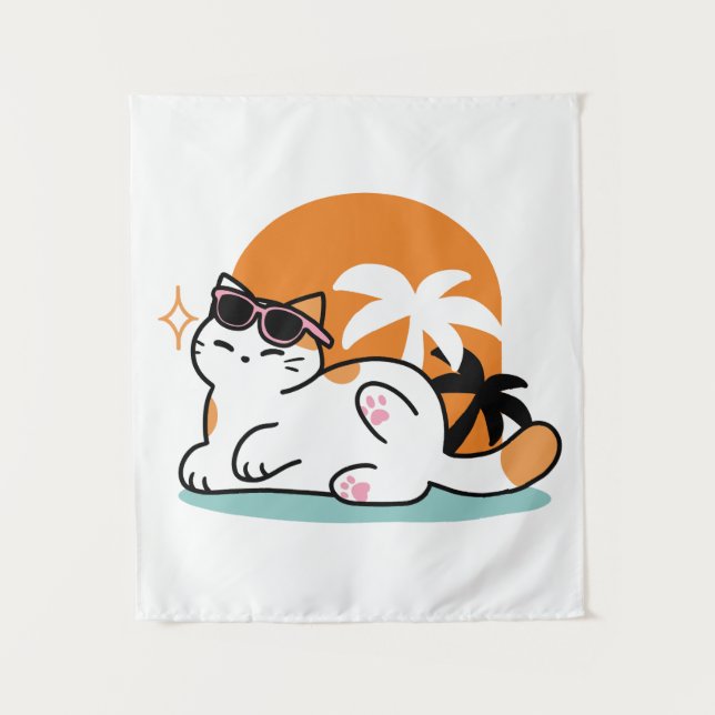 Tenture Feline fin au soleil - Chat Tropical relaxé (Devant)