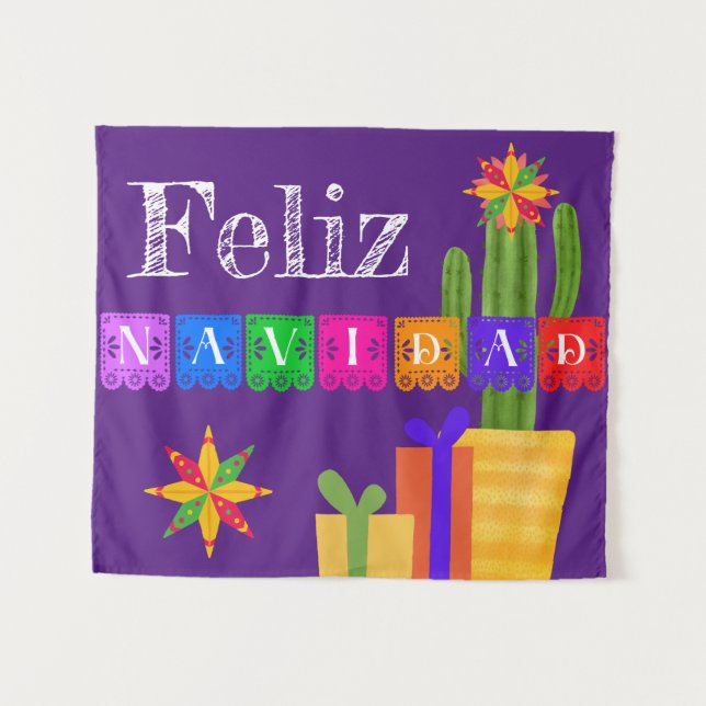 Tenture Feliz Navidad Green Cactus Sur Purple (Devant (Horizontal))