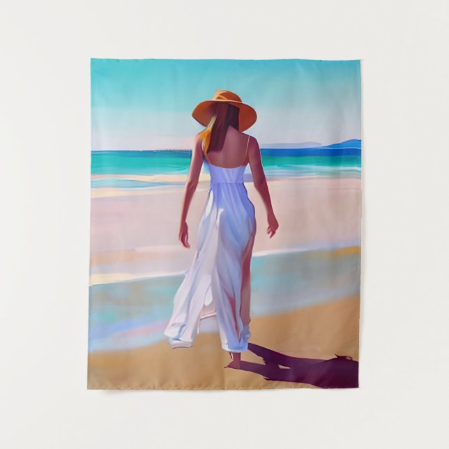 Tenture Femme en blanc sur la plage (Devant)