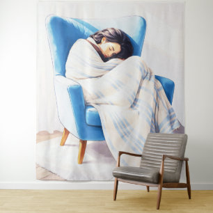 Tenture Femme endormie dans un fauteuil bleu sous une couv