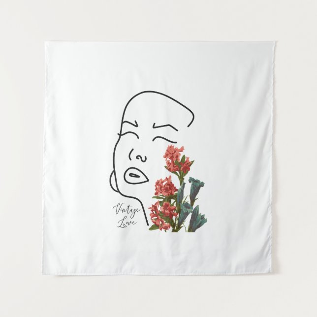 Tenture Femme florale rétro face une ligne de dessin fleur (Devant)