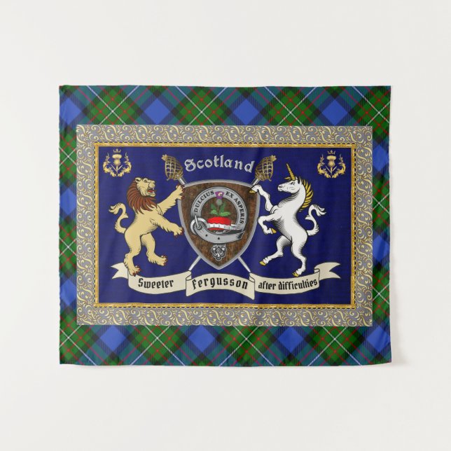 Tenture Fergusson Clan Badge & Tartan avec devise (Devant (Horizontal))