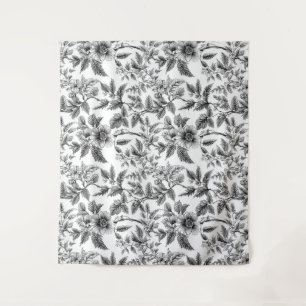 Tenture Fermes vintages à motifs floraux noirs et blancs