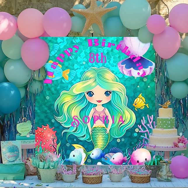 Tenture Festive Sirène à thème joyeuse bannière d'annivers (Colorful Mermaid Themed  Birthday Party Banner )