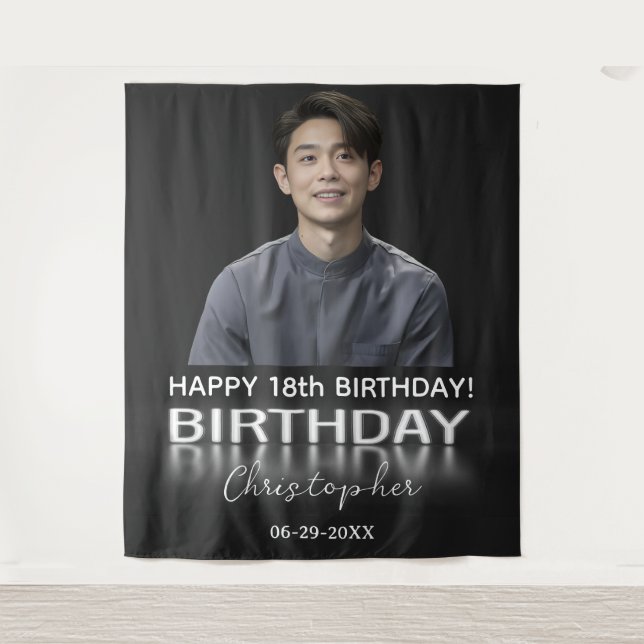 Tenture Fête Anniversaire Photo Personnalisée Neon Lumière (Devant)