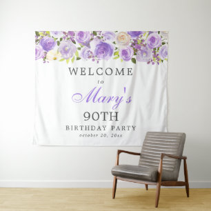 Tenture Fête d'anniversaire 90 ans Purple Rose Floral