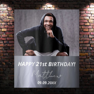 Tenture Fête d'anniversaire argent personnalisée photo nom
