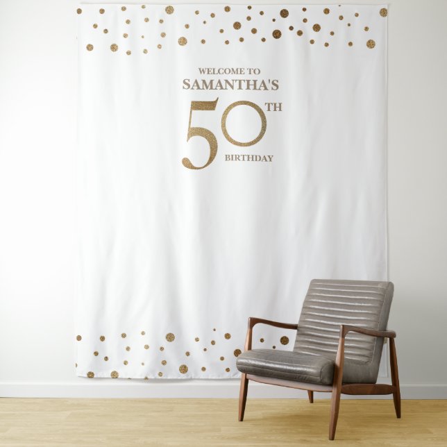 Tenture Fête d'anniversaire de 50 ans Fond avec confettis  (En situation)