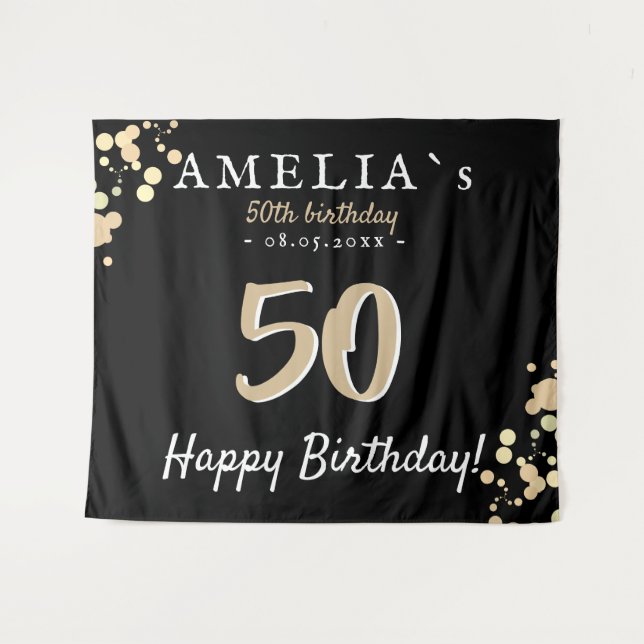 Tenture Fête d'anniversaire de 50 ans Fond noir doré (Devant (Horizontal))