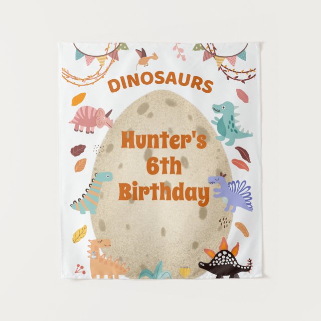 Tenture Fête d'anniversaire de dinosaure avec un œuf de Di (Devant)