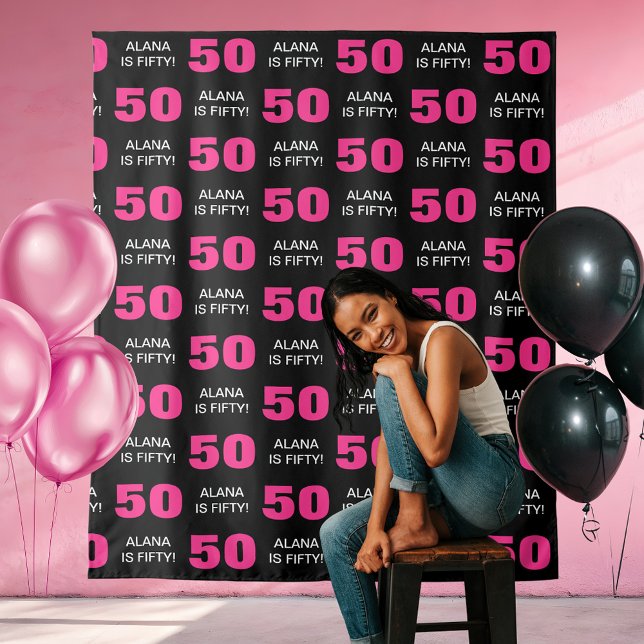 Tenture Fête d'anniversaire des 50 ans Rose Moderne Noir M (Modern Pink Black 50th Birthday Party Step Repeat Tapestry
)
