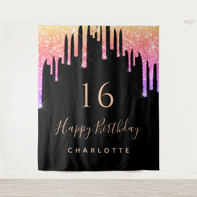 Tenture fête d'anniversaire noir arc-en-ciel parties scint (Devant)