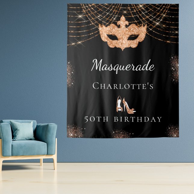 Tenture Fête d'anniversaire noir masqué paillettes dorées (Créateur téléchargé)