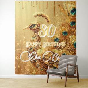 Tenture Fête d'anniversaire Or qui coule Paon Pailleté