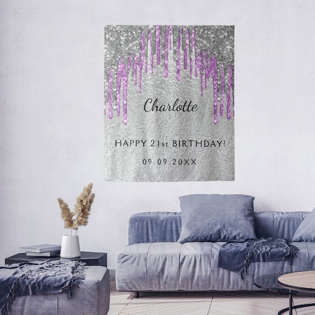 Tenture Fête d'anniversaire pailleté argent violet monogra (Créateur téléchargé)