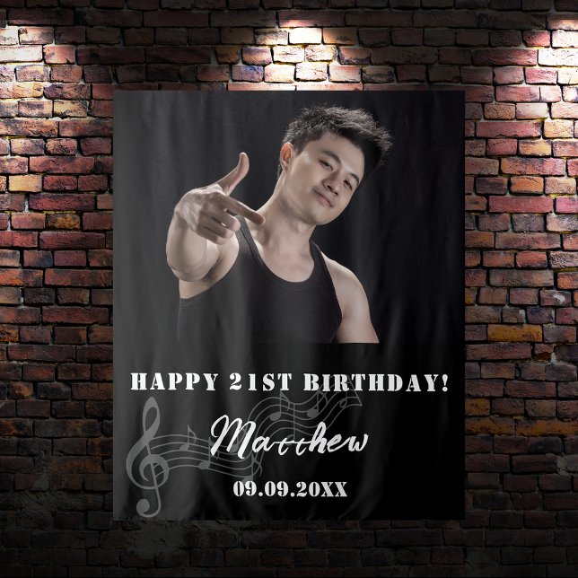 Tenture fête d'anniversaire photo personnalisée noir blanc (Créateur téléchargé)