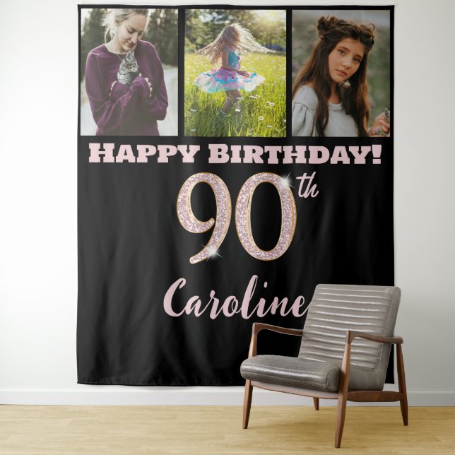 Tenture Fête d'anniversaire pour les 90 ans, paillettes ro (En situation)