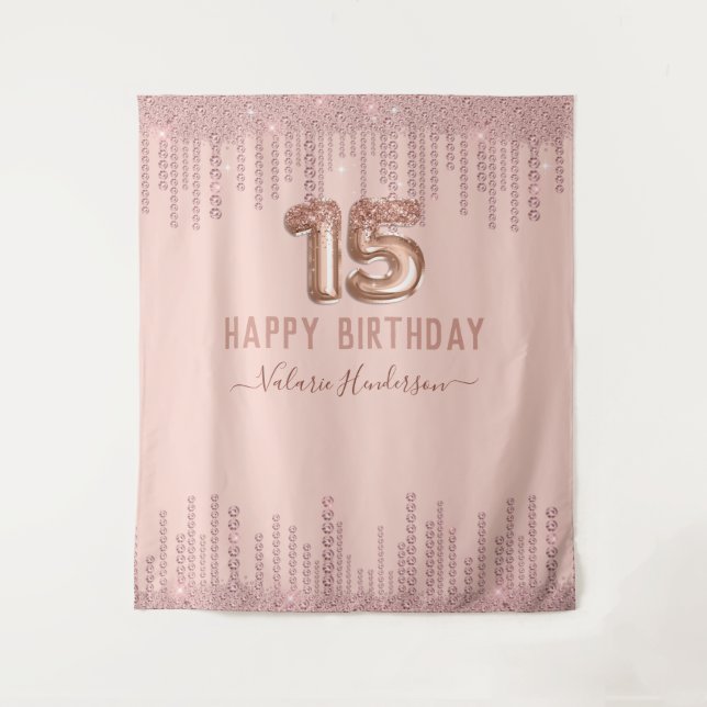 Tenture Fête de 15 ans Happy Birthday Blush Pink Diamond D (Devant)