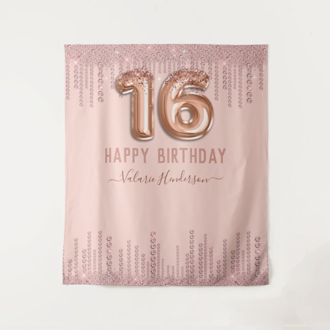 Tenture Fête de 16 ans joyeuse aux diamants roses scintill (Devant)