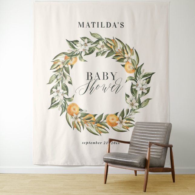 Tenture Fête de baby shower botanique aux agrumes orange r (En situation)