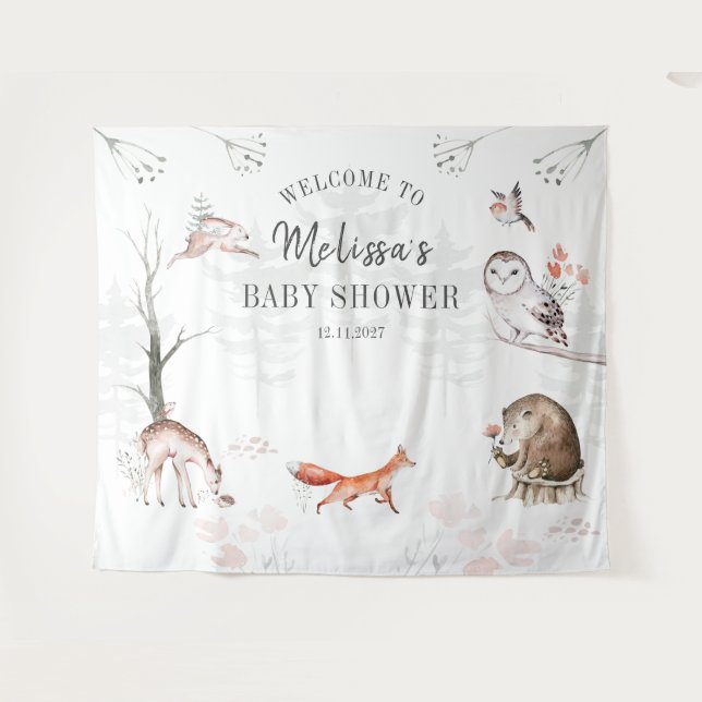 Tenture Fête de bébé animaux de la forêt aquarelle Woodlan (Devant (Horizontal))
