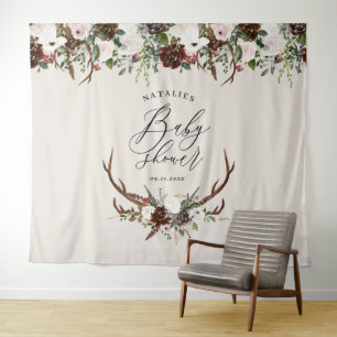 Tenture Fête de bébé florale aquarelle cerf rustique éléga