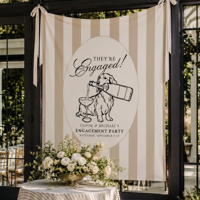 Tenture Fête de fiançailles de teckel à rayures neutres Pr (Preppy Neutral Stripe Dachshund Engagement Party Tapestry)