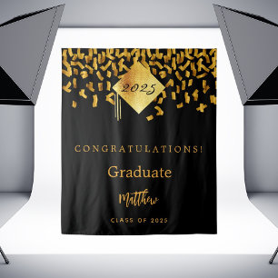 Tenture Fête de fin d'études confettis noir or diplômé 202