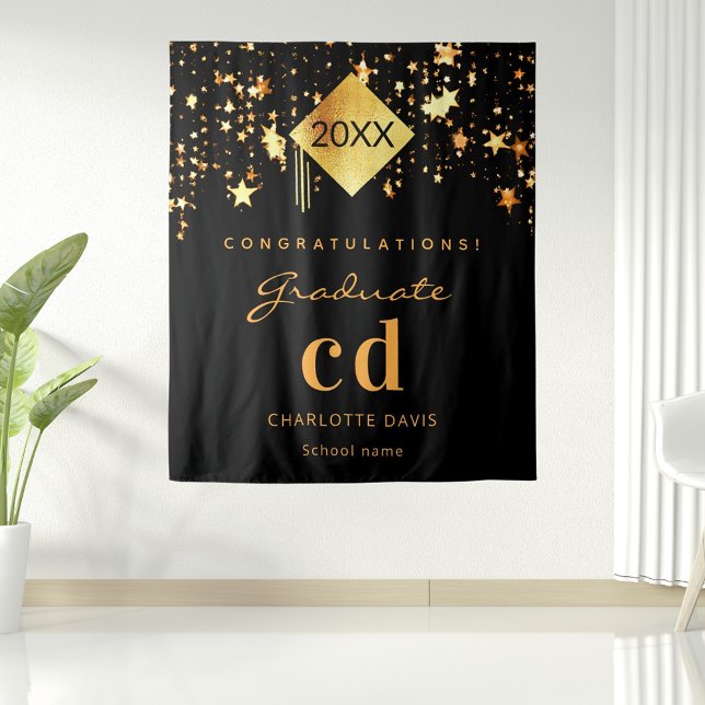 Tenture Fête de fin d'études noir or diplômé nom 2026 (Créateur téléchargé)