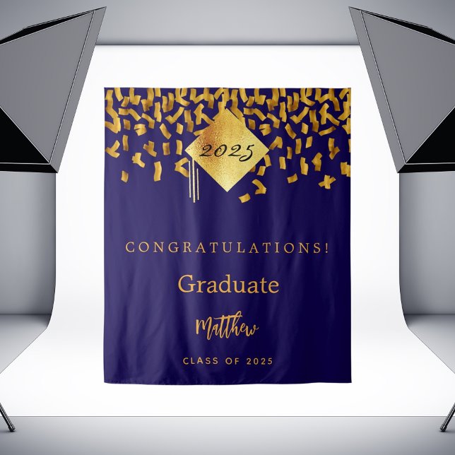 Tenture Fête de graduation bleu or confetti diplômé 2025 (Créateur téléchargé)