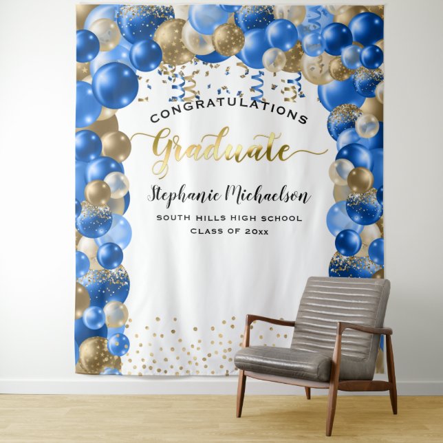 Tenture Fête de graduation Royal Blue Gold Balloons Stream (En situation)