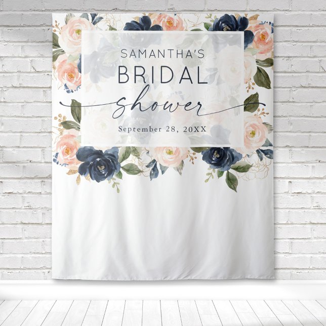Tenture Fête de mariage botanique à l'aquarelle florale  (Blush pink and navy blue floral botanical watercolor bridal shower tapestry for the perfect backdrop)
