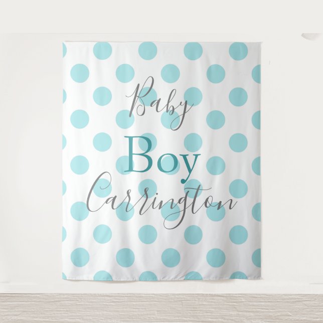 Tenture Fête de naissance Baby Boy Blue Polkadot Script (Devant)