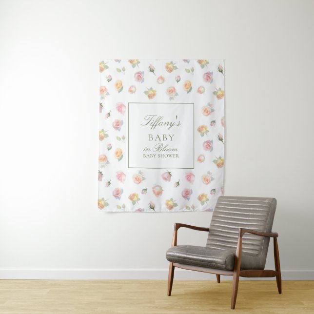 Tenture Fête de naissance élégante aquarelle bébé en fleur (En situation)