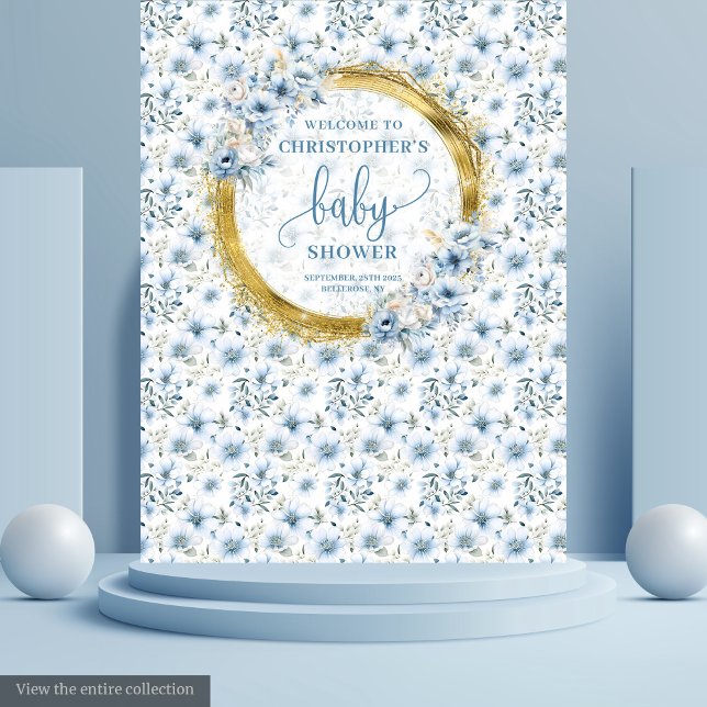 Tenture Fête de naissance garçon fleurs bleu pastel doré é (Stylish pastel blue flowers gold boy baby shower Tapestry )