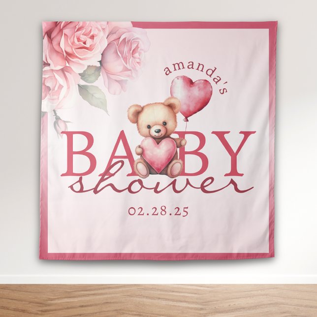 Tenture Fête de naissance ourson à l'aquarelle rose pour l (Créateur téléchargé)