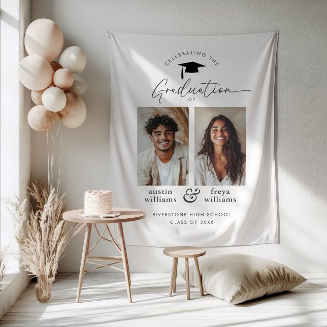 Tenture Fête de Remise des Diplômes Conjointe 2 Photo de B (Zazzle Joint Graduation Party 2 Photo Welcome Tapestry)