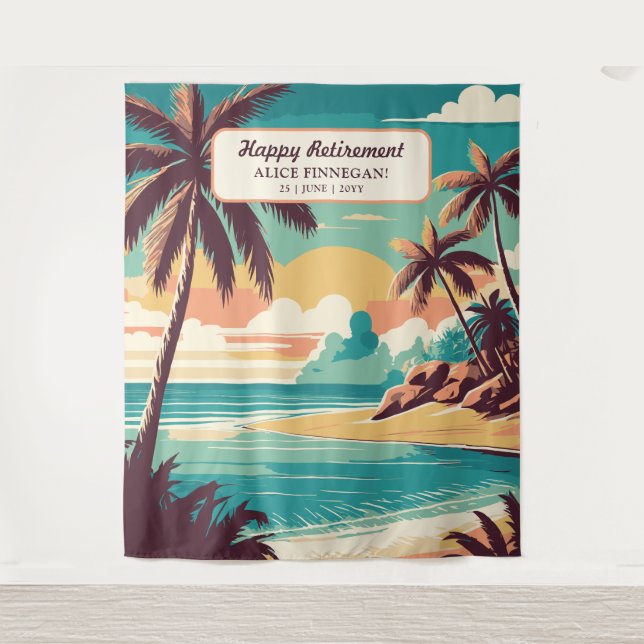 Tenture Fête de retraite avec fond photo de plage rétro (Devant)