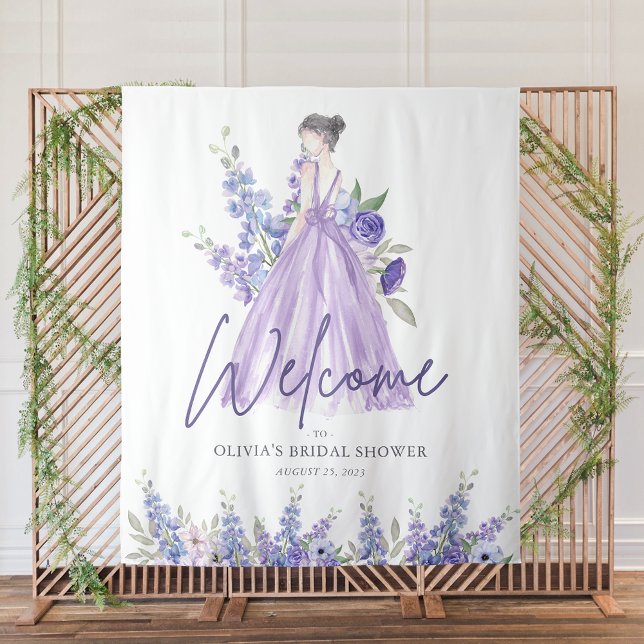 Tenture Fête des mariées chic de fleurs violettes bienvenu (Chic Purple Flower Gown Bridal Shower Welcome Tapestry)