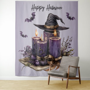 Tenture Fête d'Halloween bougies violettes chauves-souris 