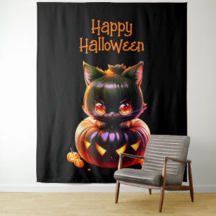 Tenture Fête d'Halloween Chat Noir Citrouille Horreur Épou