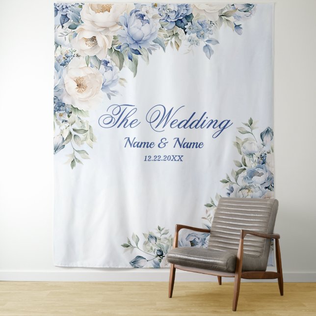 Tenture Fête Dusty Blue Watercolor Fleurs d'ivoire Feuille (En situation)
