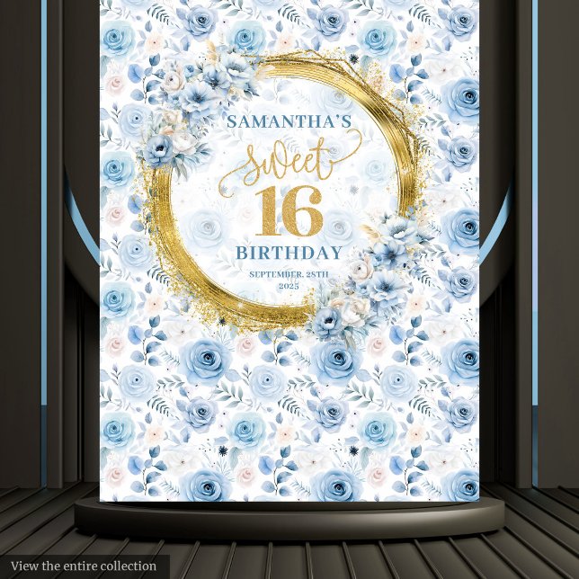 Tenture Fête élégante de 16 ans bleu poussiéreux avec pail (Stylish Dusty Blue Sweet 16 Gold Glitter Party Tapestry)
