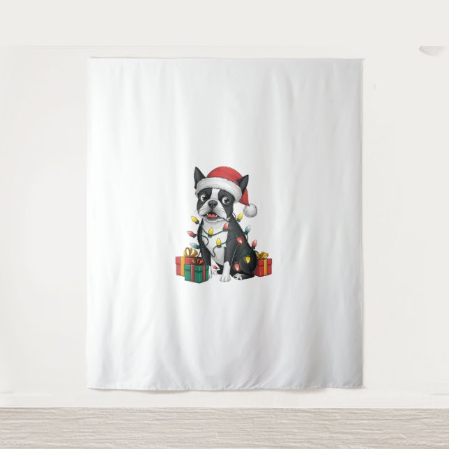 Tenture Feu de Noël Santa Hat Boston Terrier Chien Noël (Devant)