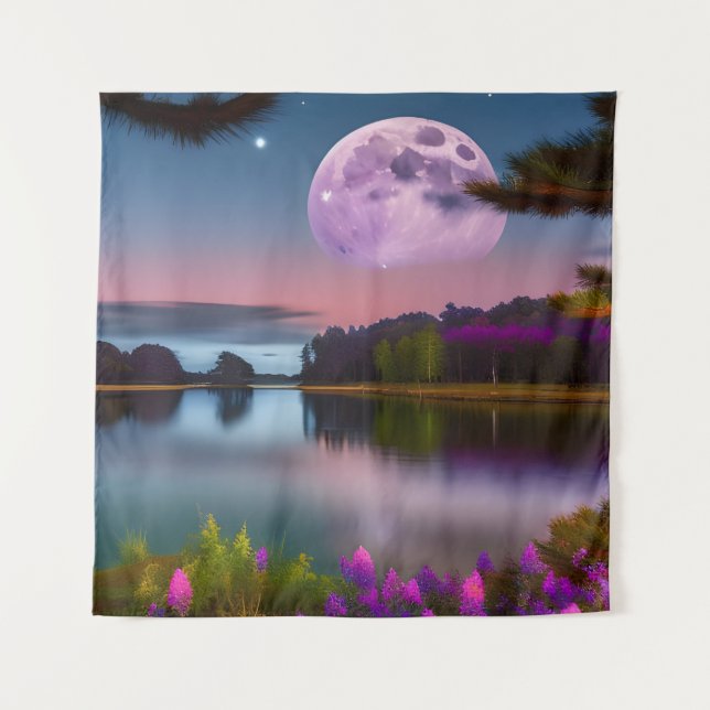 Tenture Feuillage pourpre Lune et lac paisible (Devant)