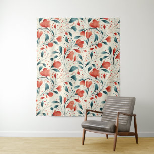 Tenture Feuille bleue blanche et motif floral rouge