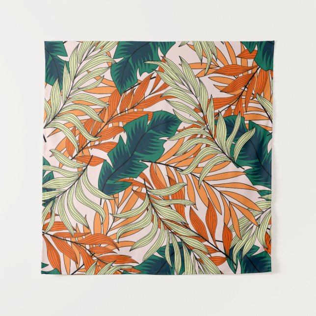 Tenture Feuille vert tropical beige, motif sans soudure. (Devant)