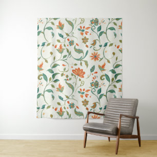 Tenture Feuilles bleu vintage et motifs floraux orange