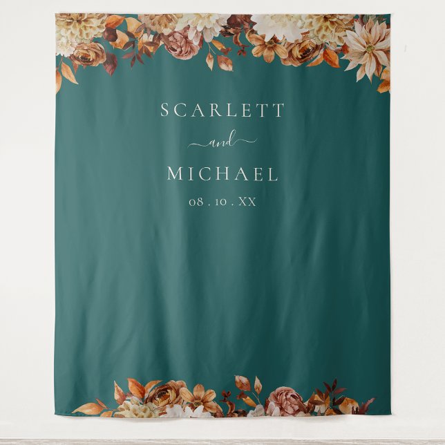 Tenture Feuilles d'automne sarcelle (Teal Fall Leaves Wedding Tapestry by Painted Paperie
)