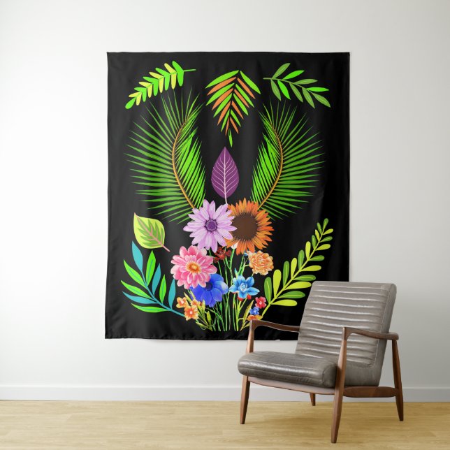 Tenture Feuilles de minuit et fleurs botaniques en noir (En situation)